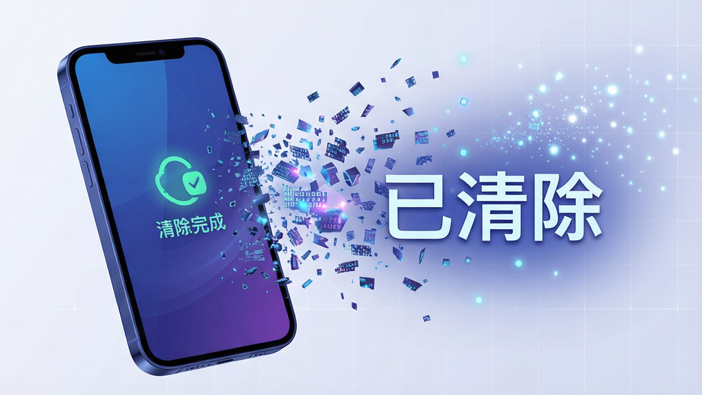 主体:私密空间浏览器清理痕迹动画,手机屏幕显示清除完成,周围有数据碎片消散效果。布局:手机在画面左侧,右侧展示数据碎片化为光点消失。排版:简洁,突出“已清除”文字。风格:动态科技风,蓝紫色调。细节:光点精细,背景有淡淡的网格线。画质:高清,干净,无多余元素。