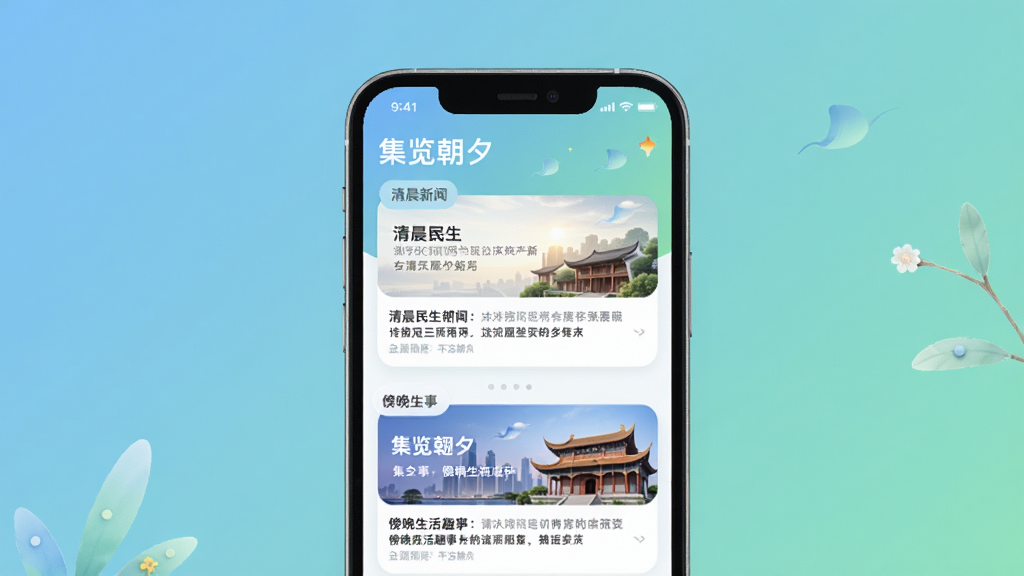 һ��չʾ������ϦAPP����ĸ�����Ⱦͼ�������������ֻ���Ļ����Ļ����ʾ���µ���Ѷ�б��������峿�������źͰ�������Ȥ��������飬����Ϊ��͵Ľ�������ɫ������Լ�ִ���ϸ�ڷḻ�����ʸɾ��޶���Ԫ�أ����ֱ�ע��������Ϧ��