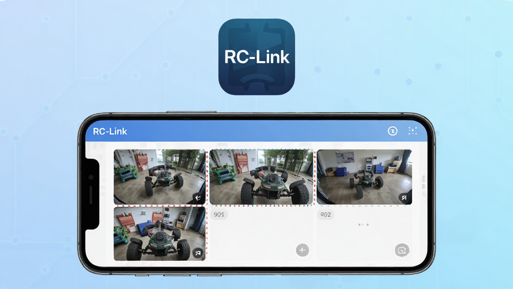 画面中央展示一部智能手机,屏幕中显示RC-Link app的实时监控界面,界面包含多个摄像头画面缩略图,背景为淡蓝色科技感渐变,整体布局简洁明亮,风格现代扁平化,带有“RC-Link”字样的应用图标悬浮在手机上方,画质清晰干净,无多余元素
