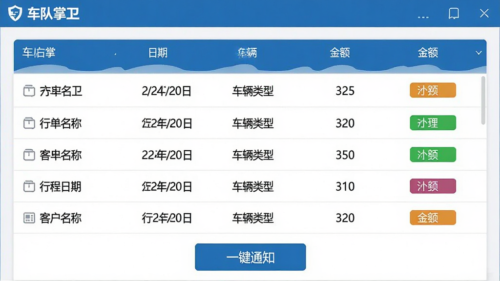 �������������������棬��Ļ��ʾ�����б���ÿ�����������ͻ����ơ��г����ڡ��������͡������ֶΣ�״̬��ǩ�ò�ͬ��ɫ���֣�ҳ��ײ��С�һ��֪ͨ����ť������������������ɫ��������ʽ�������������ơ����������������ڽ��涥�����������������רҵ�����ʸ��壬�޶���Ԫ�ء�