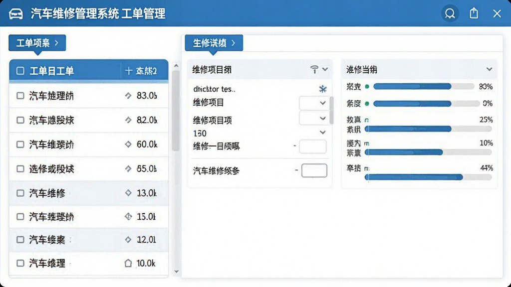 汽车维修管理系统工单管理界面截图,左侧是工单列表,右侧显示维修项目明细与进度条,界面配色以蓝白为主,信息层级分明,画质清晰,无多余元素