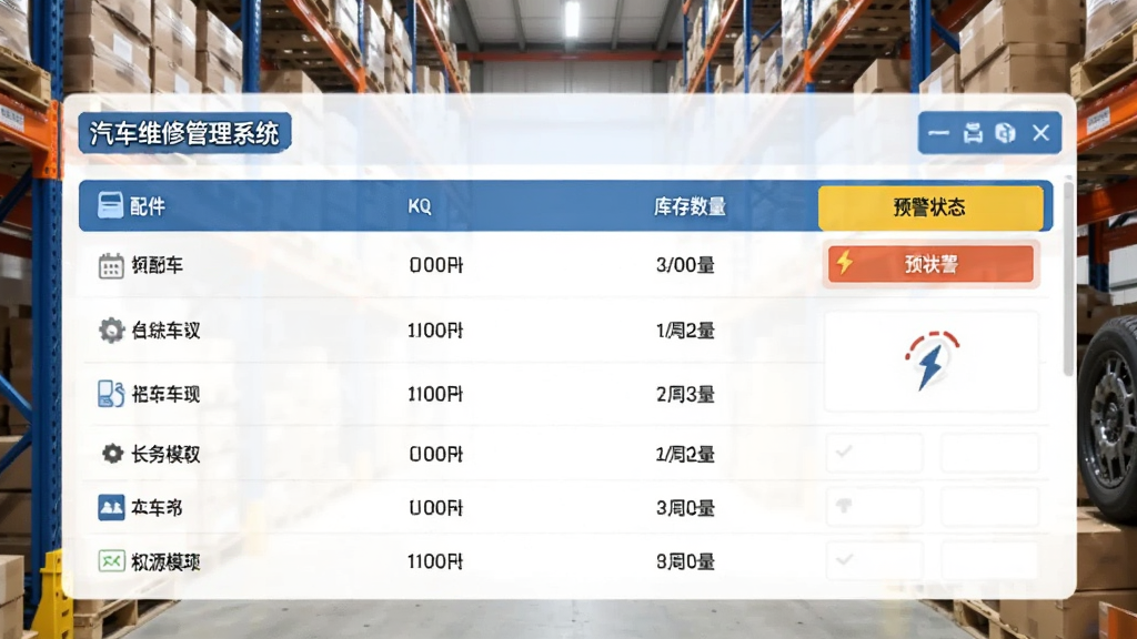 汽车维修管理系统库存管理模块预览,展示配件列表、库存数量、预警状态,背景为仓库货架,风格简洁务实,高清画质,无多余元素