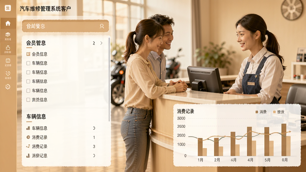 汽车维修管理系统客户管理界面,展示会员列表、车辆信息、消费记录图表,背景有客户与接待员交谈场景,色调温馨,画质清晰,无多余元素