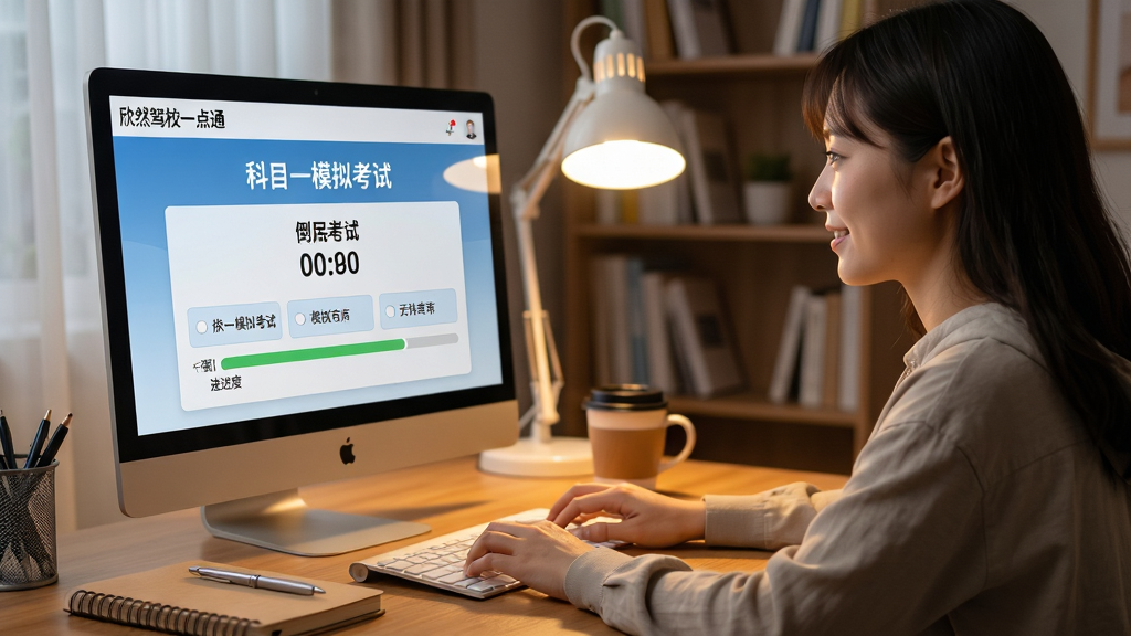 主体:一名学员正在使用电脑进行模拟考试,屏幕上显示“欣然驾校一点通”模拟考试界面,含倒计时和进度条。布局:学员坐在书桌前,侧面角度,画面聚焦屏幕与学员表情。排版:屏幕内容清晰展示“科目一模拟考试”标题与选项。风格:写实生活风,温馨灯光。细节:桌面有笔记本和咖啡杯,背景书架。画质:高清细腻,干净无多余元素。