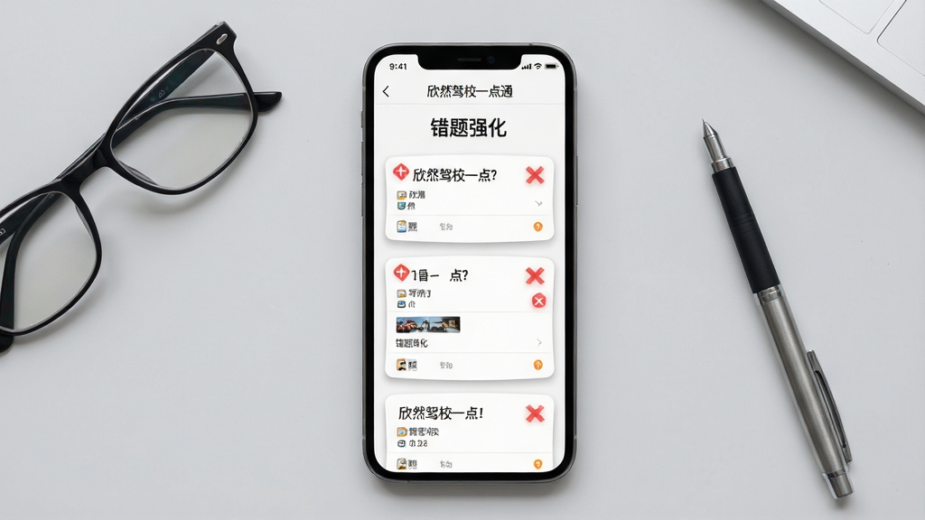 主体:智能手机屏幕显示“欣然驾校一点通”错题本界面,顶部有“错题强化”标题,下方列出题目卡片。布局:手机竖屏居中,背景为浅灰色桌面,旁边放有眼镜和笔。排版:界面整洁,卡片式布局,文字清晰。风格:清爽简洁,教育感。细节:错题卡片带红色标记,背景有柔和阴影。画质:高分辨率,干净无多余元素。