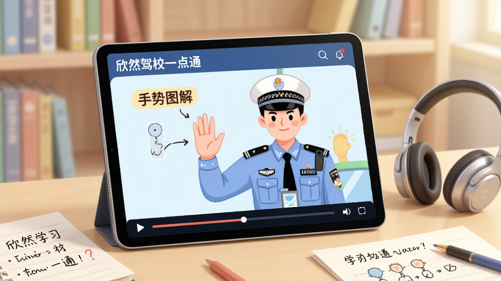 主体:平板电脑播放“欣然驾校一点通”教学视频,画面为交警手势动画演示。布局:平板立放,背景为书架,旁边有耳机。排版:视频画面有“手势图解”标注。风格:教育插画风,色彩柔和。细节:屏幕有播放进度条,周围有学习笔记。画质:4K高清,干净无多余元素。
