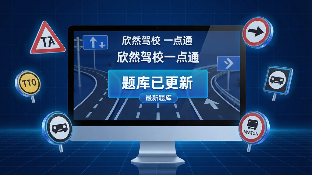 主体:电脑屏幕显示“欣然驾校一点通”题库更新界面,有“题库已更新”提示,背景为道路标识图案。布局:屏幕居中,周围有飘浮的交通标志图标。排版:界面简洁,有“最新题库”字样。风格:科技感,蓝色调。细节:图标带微光,背景有网格。画质:高清渲染,干净无多余元素。