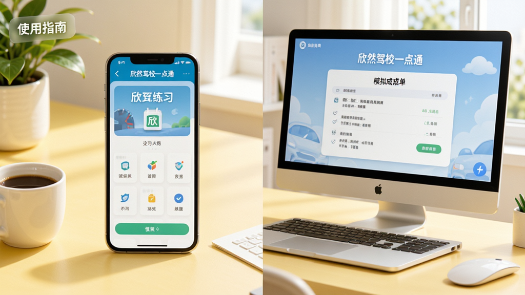 主体:手机与电脑并排展示“欣然驾校一点通”使用场景,手机显示练习界面,电脑显示模拟成绩单。布局:左右分屏,背景为浅黄色书桌。排版:屏幕内容清晰,有“使用指南”字样。风格:生活化,阳光明亮。细节:旁边有咖啡杯和绿植。画质:高清,干净无多余元素。