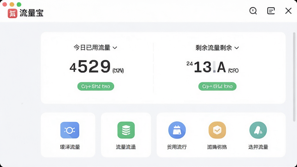 一张展示流量宝软件主界面的高清截图,界面简洁明亮,中央显示今日已用流量和剩余流量数据,下方有多个功能图标排列整齐,整体风格现代,UI设计精致,画质清晰,无多余元素