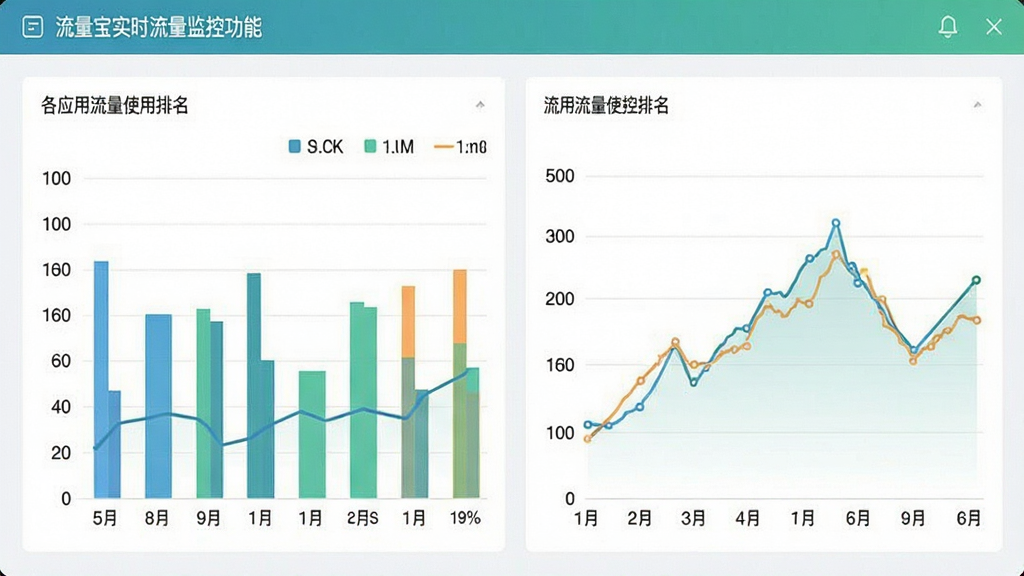 流量宝实时流量监控功能界面截图,显示柱状图和折线图,展示各应用流量使用排名,界面配色清爽,数据可视化清晰,画质干净,无多余元素