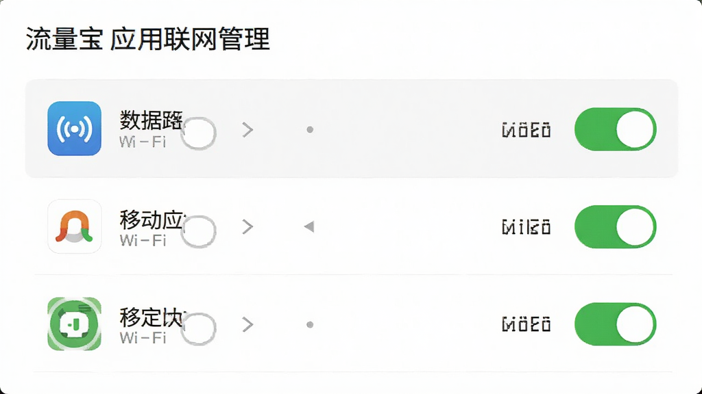 流量宝应用联网管理界面,显示应用列表,每个应用右侧有移动数据和Wi-Fi两个开关,界面简洁清晰,开关状态一目了然,整体风格素雅,画质高清,无多余元素