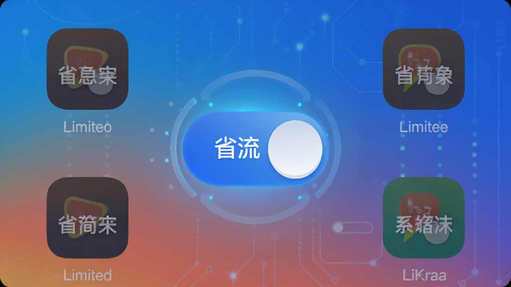 流量宝智能省流模式开关界面,画面中有一个醒目的省流开关按钮,周围有多个应用图标显示被限制状态,背景为渐变色,风格科技感强,画质细腻,无多余元素