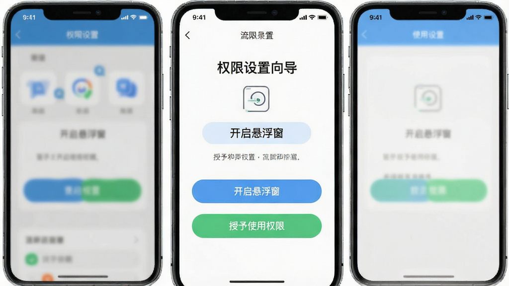 流量宝移动端使用界面截图,显示权限设置向导页面,有“开启悬浮窗”“授予使用权限”等按钮,界面友好,步骤清晰,风格清新,画质干净,无多余元素