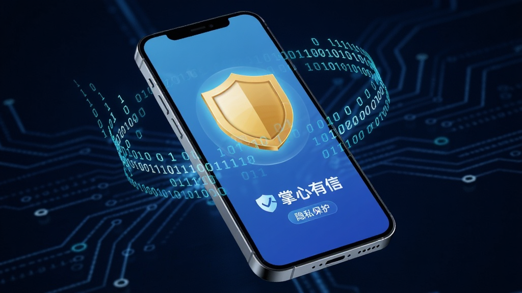 һ�Ź��ڡ��������š�APP��ȫ���ܵĴ���ͼƬ�����汳��Ϊ����ɫ�Ƽ���������ǰ����һ�������������ֻ����ֻ���Ļ��ʾһ�ѽ�ɫ����ͼ�꣬��Χ���������ݼ��ܵĶ����ƴ��룬��Ļ�·��С��������š���logo�͡���˽��������������ͼ���пƼ��кͰ�ȫ�У�����ϸ�壬���Ϊ3D��Ⱦ���޶������