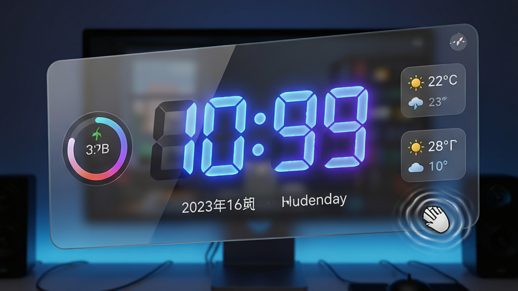 主体:浪迹超酷时钟软件界面,一个炫酷的3D数字时钟悬浮在电脑桌面右上角,数字显示为蓝紫色霓虹光效,背景半透明毛玻璃。布局:时钟主体居中,下方带有日期和星期信息,左侧有迷你番茄钟圆环,右侧有温度湿度小插件。排版:界面简洁,数字大而清晰,功能模块分区明确。风格:科技感、赛博朋克、高饱和色彩。细节:数字边缘有发光光晕,玻璃面板反射环境光,鼠标悬停有涟漪动画。画质:8K超清,细腻光影,干净无多余元素。