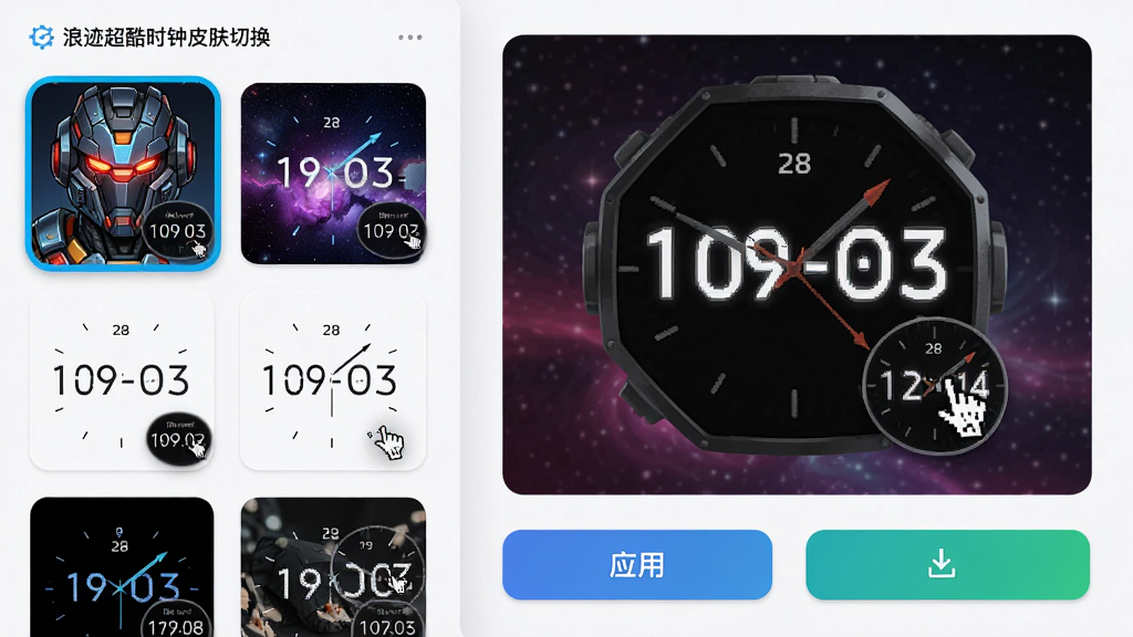 主体:浪迹超酷时钟的皮肤切换界面,展示多款炫酷时钟皮肤缩略图,包括机甲风格、星空风格、简约线条风格。布局:左侧为皮肤列表,右侧为预览大图,底部有应用和下载按钮。排版:网格状缩略图排列,选中的皮肤高亮显示。风格:界面清爽,扁平化设计,色彩丰富。细节:缩略图上有实时时钟预览,鼠标悬停有放大效果。画质:高清,细节丰富,干净无多余元素。