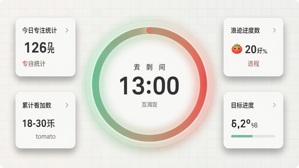 主体:浪迹超酷时钟的番茄钟专注界面,一个圆环进度条显示专注剩余时间,中央有数字倒计时。布局:圆环居中,四周有今日专注统计、累计番茄数、目标进度等小卡片。排版:数据卡片整齐排列,圆环颜色渐变从绿到红。风格:清新简洁,莫兰迪色调。细节:圆环边缘有发光效果,数据卡片有阴影,背景有淡淡的网格纹路。画质:高清,柔和,干净无多余元素。