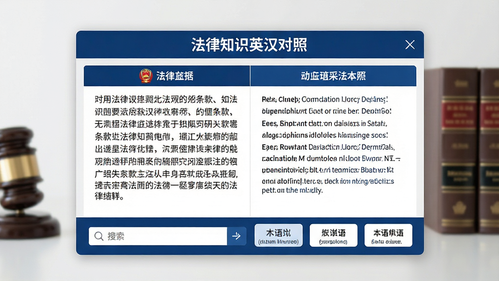 主体:一款名为“法律知识英汉对照”的软件界面展示,屏幕中左右分栏显示中文法律条款和对应英文翻译,下方有搜索框和术语卡片。布局:居中展示,软件界面为视觉中心,背景为简洁的书桌与法律书籍。排版:界面层次分明,上方为标题栏,中间为对照文本,底部为功能按钮。风格:现代扁平化设计,配色以深蓝与白色为主,体现专业与严谨。细节:屏幕中文字清晰可辨,英文翻译使用标准法律术语。画质:高清渲染,干净整洁,无多余元素。