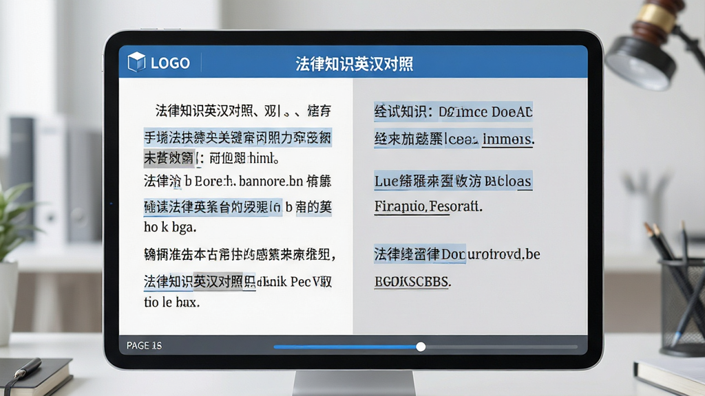 主体:电脑或平板屏幕上展示“法律知识英汉对照”软件的双语对照阅读界面,左侧中文,右侧英文,高亮显示关键术语。布局:屏幕占据画面中央,周围有柔和的办公环境背景。排版:文字段落整齐,中英文对齐,术语下方有下划线标注。风格:商务简洁风,蓝色与灰色调,突出专业感。细节:屏幕左上角有软件logo,底部有页码和进度条。画质:超清画质,光线柔和,画面干净无杂物。