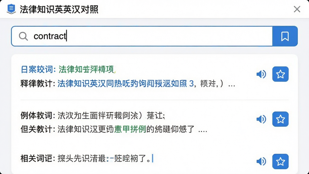 主体:“法律知识英汉对照”软件的术语检索功能界面,搜索框输入“contract”,下方显示中文释义、英文例句和相关词汇。布局:界面简洁,搜索框位于顶部,结果列表依次排列。排版:字体清晰,释义部分用不同颜色区分词性和例句。风格:清新简约风,白色背景,蓝色点缀。细节:搜索结果附带发音图标和收藏按钮。画质:高清界面截图风格,元素排列整齐,无多余文字。
