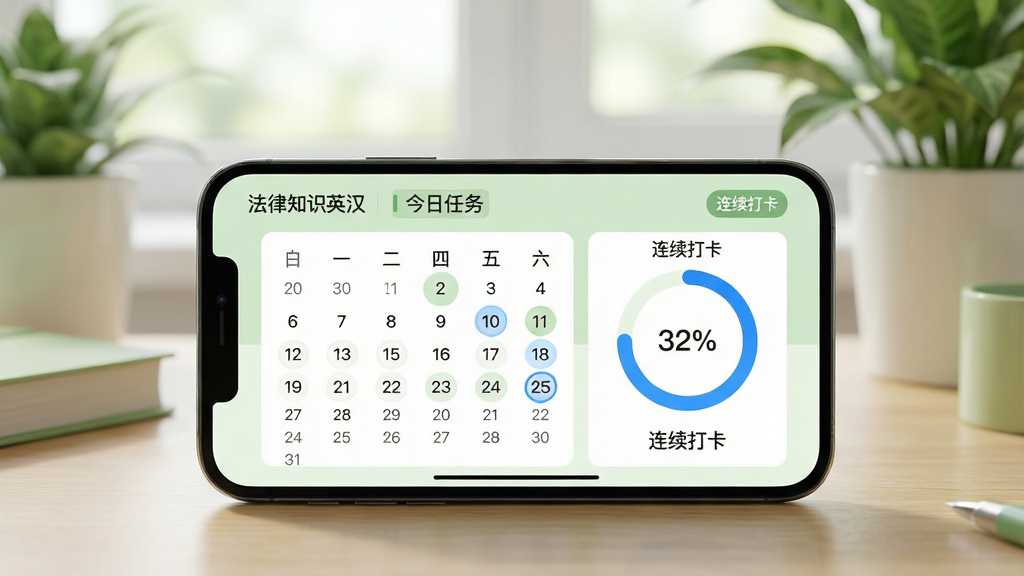 主体:手机横屏显示“法律知识英汉对照”软件的学习计划页面,界面有日历和进度环。布局:手机居中,背景为书桌和绿植。排版:日历视图清晰,进度环用蓝色高亮。风格:清新自然风,浅绿色调。细节:屏幕上有“今日任务”和“连续打卡”字样。画质:高清渲染,细节丰富,画面干净。
