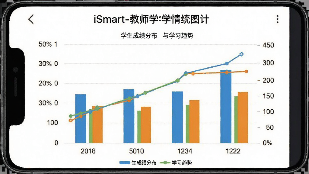 一张iSmart-教师学情统计图表的手机截图,图表以柱状图和折线图展示学生成绩分布与学习趋势,配色清晰易读,背景为白色,风格专业简洁,画质干净,无多余元素