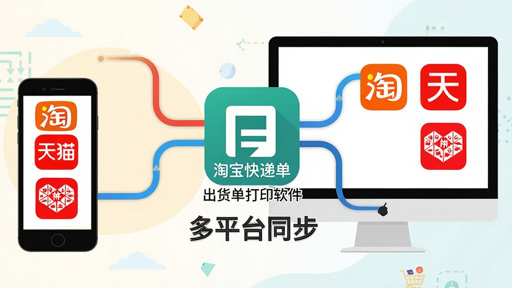 主体:手机和电脑并排,屏幕上显示多个电商平台logo(如淘宝、天猫、拼多多)汇聚到一个“淘宝快递单出货单打印软件”图标上。布局:左右对称,手机在左,电脑在右,中间是软件图标。排版:图标下方有“多平台同步”字样。风格:扁平化插画风格,色彩鲜艳。细节:每个平台logo清晰可辨,连接线流畅。画质:高清,干净,无多余元素。