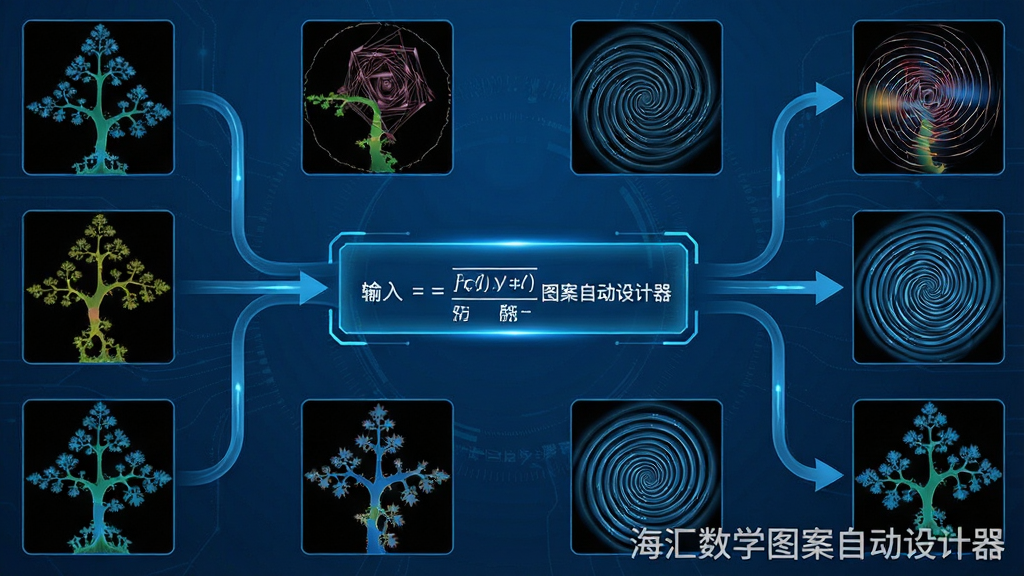 主体:动态GIF风格示意图,展示输入公式后图案实时变化的过程,软件名称“海汇数学图案自动设计器”水印。布局:中心位置为公式输入框,周围环绕着多个由该公式衍生的不同形态的图案缩略图。排版:流程图样式,从左到右展示输入到输出的逻辑。风格:科技蓝为主色调,线条流畅。细节:公式输入框高亮,图案缩略图包含分形树、玫瑰线、螺旋波纹等。画质:高分辨率,干净,无多余元素。