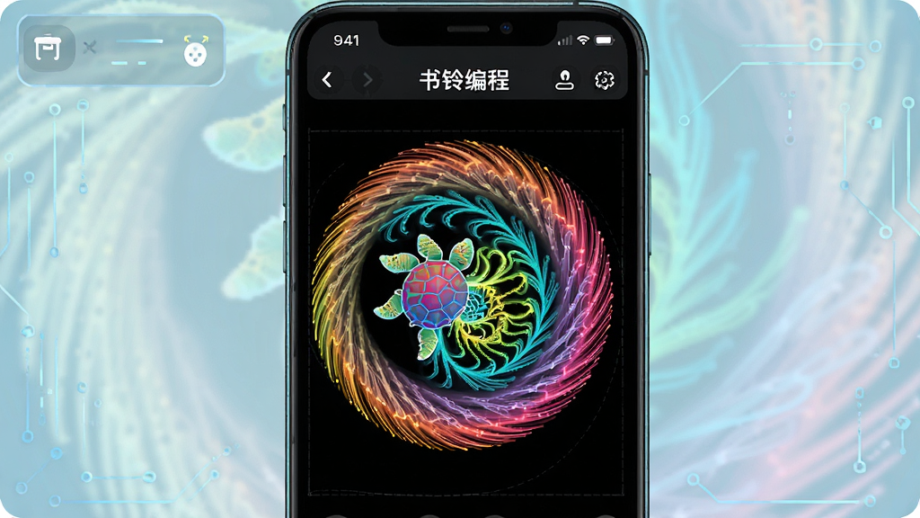 һ�Ŷ�̬Ч��ͼ����Ļչʾ�������̡�App��Turtle��ͼ���棬һֻС�����ں�ɫ�����ϻ��Ƴ�ɫ�ʰ�쵵��������ơ����沼�����ĶԳƣ����Ƽ����������н�ϣ�ϸ����ͻ��������������ɫ�ʵĽ��䣬���ʸ���ɾ����޶���Ԫ��