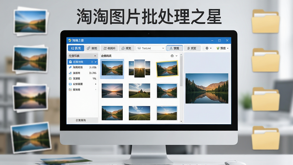 主体:淘淘图片批处理之星软件主界面展示在电脑屏幕上,屏幕周围有各种图片素材和文件夹图标,顶部有软件名称“淘淘图片批处理之星”字样;布局:居中构图,软件界面清晰可见,功能按钮排列有序,左侧为任务列表,右侧为预览区;排版:简洁明了的桌面软件风格,界面以蓝色和白色为主色调;风格:现代科技感,界面扁平化,清晰明亮;细节:图片缩略图整齐排列,工具图标精致,背景虚化;画质:高清,干净,无多余元素