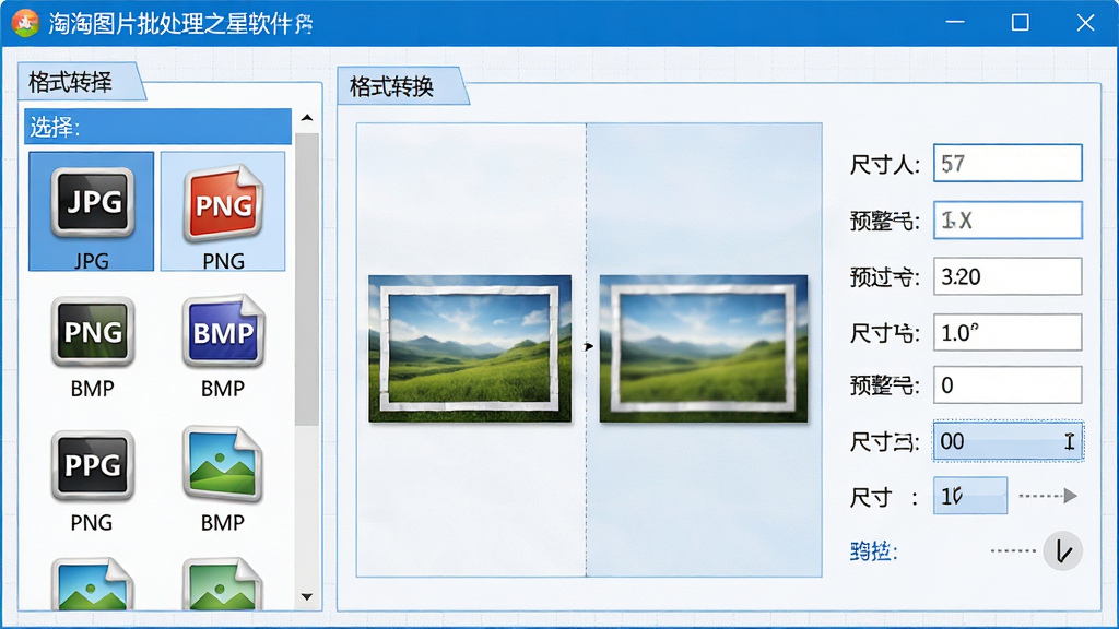 主体:淘淘图片批处理之星软件界面中“格式转换”功能面板,显示多种图片格式图标(如JPG、PNG、BMP)和尺寸调整参数框;布局:左右结构,左侧为格式选择列表,右侧为尺寸设置区域,中间有原图与预览图对比;排版:清晰的功能分区,参数输入框排列整齐;风格:专业工具软件风格,蓝白配色;细节:图片格式图标立体感强,尺寸数字清晰,背景有轻微网格纹理;画质:高清,干净,无多余元素