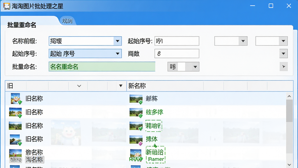 主体:淘淘图片批处理之星软件界面中“批量重命名”功能页面,展示多张图片文件列表和重命名规则设置栏;布局:上方为规则设置区,包含名称前缀、起始序号等选项,下方为图片文件列表,每行显示旧名称和新名称;排版:表格形式清晰展示,设置项紧凑;风格:简洁实用,蓝白色调;细节:命名规则示例高亮显示,新名称用绿色字体标识;画质:高清,干净,无多余元素