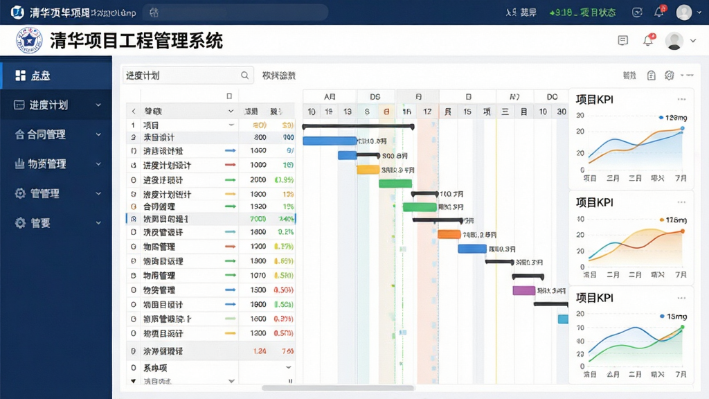 画面主体为清华项目工程管理系统的软件主界面全屏截图,居中展示。布局为典型的管理驾驶舱风格,左侧为深蓝色功能导航栏,包含仪表盘、进度计划、合同管理、物资管理等模块;右侧大面积区域展示彩色甘特图和项目KPI数据卡片。排版上突出顶部项目名称“清华项目工程管理系统”的LOGO与状态栏。风格为现代企业级软件UI,扁平化设计,细节上呈现清晰的数据表格与趋势曲线。画质高清,色彩专业沉稳,干净无多余元素。