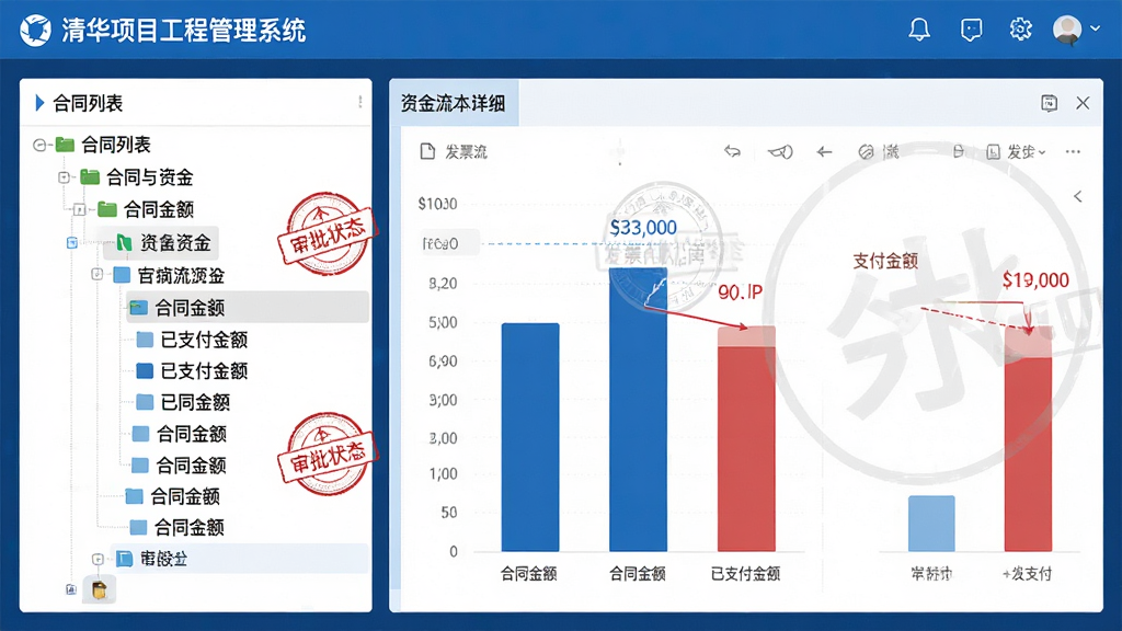 图片主题为清华项目工程管理系统中的“合同与资金”管理界面。布局采用左右分栏结构,左侧为合同列表树状图,右侧为资金流水明细与发票管理面板。排版上以蓝色为主色调,突出“合同金额”与“已支付金额”的对比条形图。风格为商务简洁风,细节上显示审批状态印章。画质高清,干净无多余元素。