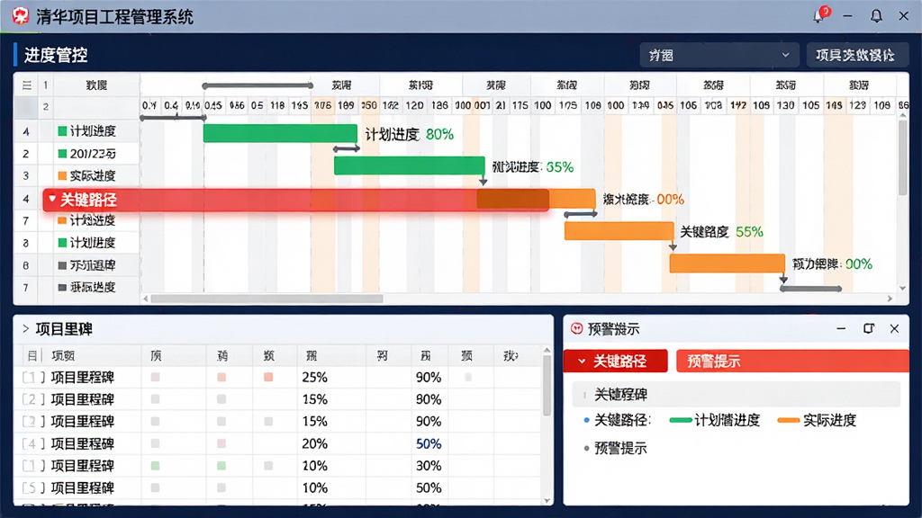图片主体为清华项目工程管理系统中“进度管控”功能模块的截图展示。布局为上半部分显示横道图对比视图,绿色代表计划进度,橙色代表实际进度;下半部分为项目里程碑列表和预警提示窗口。排版上突出“关键路径”的高亮红色标记。风格为数据可视化大屏风格,细节上包含日期刻度和百分比数据。画质干净,无多余元素。