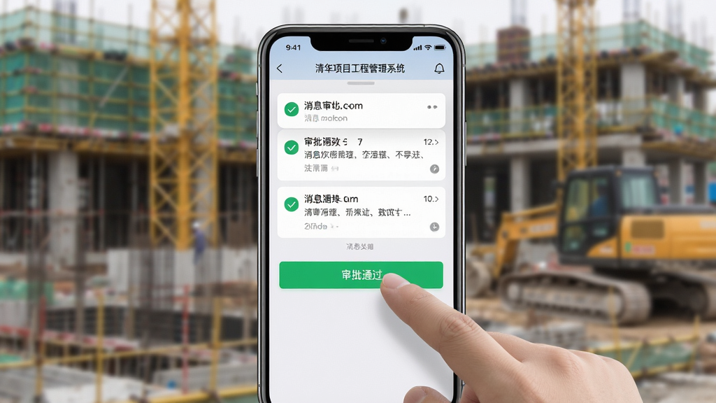 图片主体为清华项目工程管理系统在手机上的操作界面特写。布局为竖屏显示,手指正在点击“审批通过”绿色按钮。排版上背景为施工现场虚化,前景为清晰的APP界面。风格为实拍与UI结合风格,细节上显示消息推送通知。画质高清,干净无多余元素。