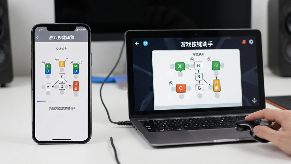 游戏按键助手使用教程示意图,手机连接电脑,屏幕显示按键映射设置界面,操作流畅,画质清晰,干净无多余元素