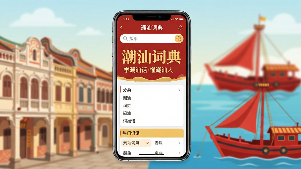 主体:潮汕词典软件界面展示,手机屏幕显示词典首页,含有搜索框、分类列表和热门词汇。布局:居中构图,手机作为视觉中心,周围搭配潮汕传统建筑元素如骑楼、红头船。排版:界面文字清晰,突出“潮汕词典”四个字,下方显示“学潮汕话懂潮汕人”标语。风格:现代扁平化设计,色彩明亮温暖,以潮汕红、金色为主色调。细节:手机屏幕内容真实可辨,背景虚化处理,突出主体。画质:高清渲染,干净,无多余元素。