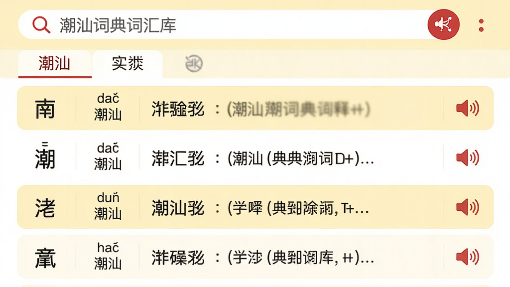 主体:潮汕词典词汇库界面,展示分类词条列表,每行显示汉字、潮汕拼音和释义。布局:列表式布局,顶部有搜索栏和分类标签。排版:字体清晰,行间距适中,色彩对比明显。风格:简洁清爽,主色为淡黄色和白色,点缀红色装饰。细节:词条右侧显示小喇叭图标,点击可发声。画质:高清,干净,无多余元素。
