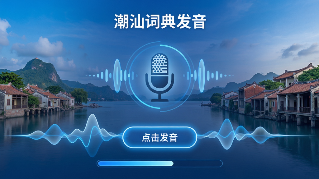 主体:潮汕词典发音界面,一个麦克风图标和波形动画,背景是潮汕风景。布局:居中构图,麦克风在中央,波形在下方延伸。排版:界面简洁,显示“点击发音”按钮和发音进度条。风格:科技感与传统文化结合,色调以蓝白为主。细节:波形动画流畅,按钮有发光效果。画质:高清,干净,无多余元素。