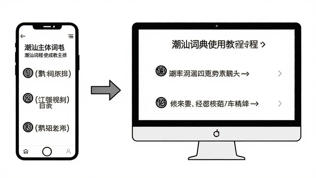 主体:潮汕词典使用教程示意图,手机和电脑并排显示。布局:左侧手机,右侧电脑,中间有箭头连接。排版:界面标注操作步骤,用数字圆圈标出。风格:极简线条风格,背景为白色。细节:每个步骤有文字说明。画质:高清,干净,无多余元素。
