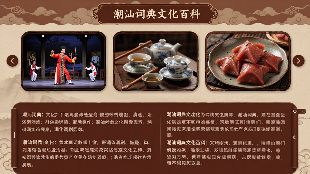主体:潮汕词典文化百科页面,展示潮剧剧照、功夫茶具和红桃等元素。布局:图文混排,上方为图片轮播,下方为文字介绍。排版:文字段落分明,图片带有圆角边框。风格:古风典雅,色调棕红,充满文化气息。细节:图片清晰,文字可滚动阅读。画质:高清,干净,无多余元素。