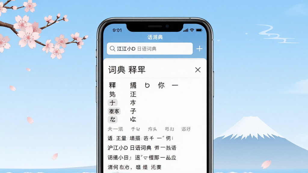 主体为沪江小D日语词典的软件界面展示图,画面中央是一部智能手机,屏幕中显示词典查询结果页面,上方有搜索框,下方列出单词释义、假名、例句等内容,整体布局清晰简洁,背景为淡蓝色渐变,搭配日式元素如樱花、富士山剪影,风格清新明快,细节丰富,画质干净无多余元素