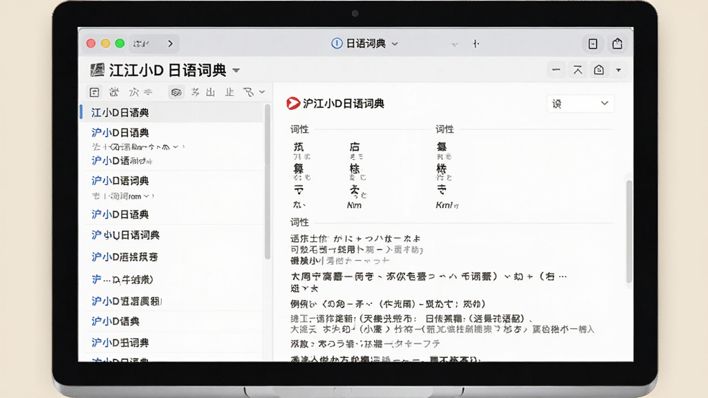 主体为沪江小D日语词典的词库展示界面,电脑屏幕上显示词典软件界面,左侧为词条列表,右侧为详细释义,包含假名、罗马音、词性、例句等,背景为淡雅米色,风格简约商务,画质干净清晰,无多余元素