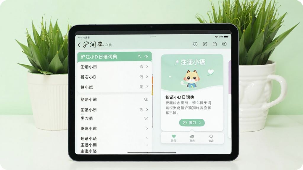 主体为沪江小D日语词典的生词本功能界面,画面中平板电脑横屏显示,屏幕左侧为生词列表,右侧为复习卡片,背景为淡绿色,搭配绿色植物盆栽,风格清新自然,画质干净,无多余元素