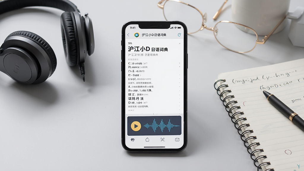 主体为沪江小D日语词典的发音功能演示图,画面中一部手机放在桌面上,屏幕显示单词详情页,下方有播放按钮和波形图,背景为浅灰色,搭配耳机、笔记本等学习用品,风格写实,细节丰富,画质干净,无多余元素