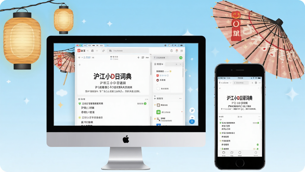 主体为沪江小D日语词典在手机和电脑上同时运行的场景,左侧是电脑屏幕显示词典界面,右侧是手机屏幕显示相同界面,背景为浅蓝色渐变,搭配日式元素如灯笼、和伞,风格明亮清晰,画质干净,无多余元素