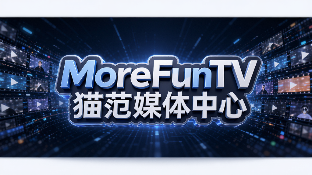 画面中央悬浮着“MoreFunTV猫范媒体中心”的立体LOGO,背景为深蓝色科技感光线与流动的彩色视频流,主体以现代简约风格呈现,布局采用对称构图,搭配柔和的光影渲染,细节上突出媒体播放器的专业质感,整体画质高清通透,干净无多余元素。