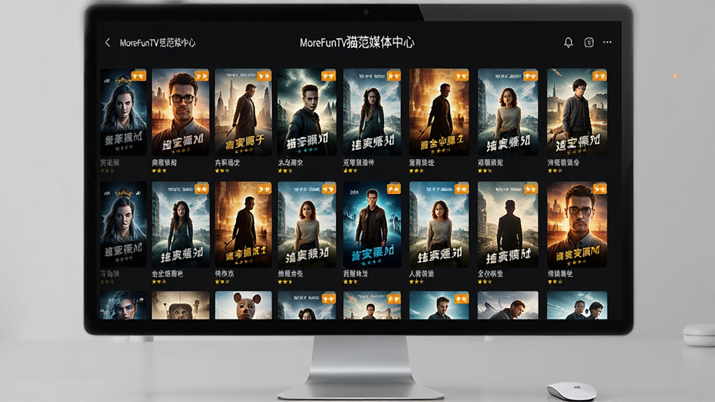 电脑屏幕上显示“MoreFunTV猫范媒体中心”的海报墙界面,整齐排列着电影封面,主体为深色背景下的多彩海报网格,布局规整有序,风格现代简洁,细节包含影片标题与评分角标,画质清晰干净,无多余文字。