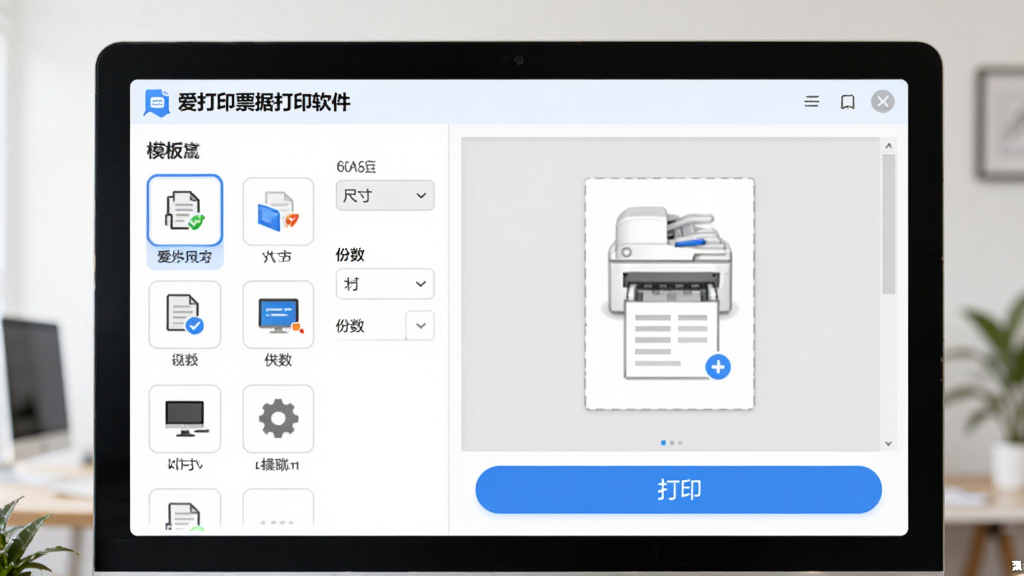 主体为电脑屏幕中显示“爱打印票据打印软件”主界面,左侧是模板列表,右侧是打印预览区,底部是打印按钮;布局清晰,界面以白色和蓝色为主色调,排版整齐,按钮图标圆润;风格现代简约,细节包括纸张尺寸选择、份数设置,画面干净,无多余元素,画质高清。